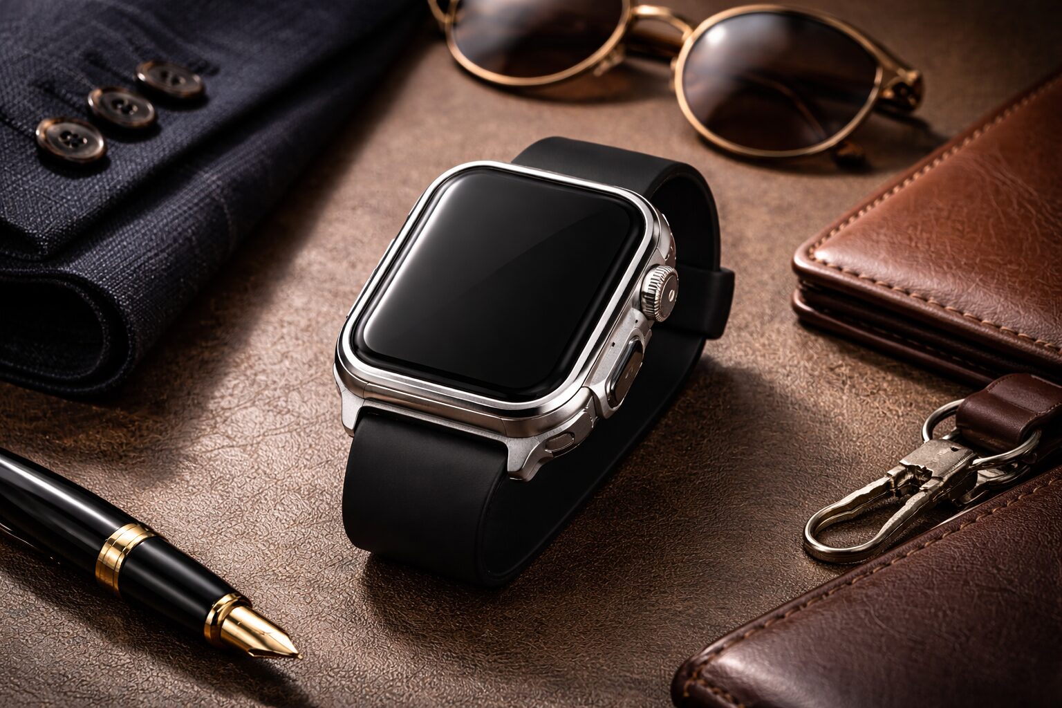 7. ステンレス316Lで高級感
Image Prompt (EN)A premium lifestyle scene showing a smartwatch with a metal case placed next to a suit jacket and leather accessories. Camera angle: three-quarter tabletop angle. Lighting: soft warm indoor lighting. Style: realistic luxury editorial photography, elegant and refined, no text. PNG, 1920x1080.