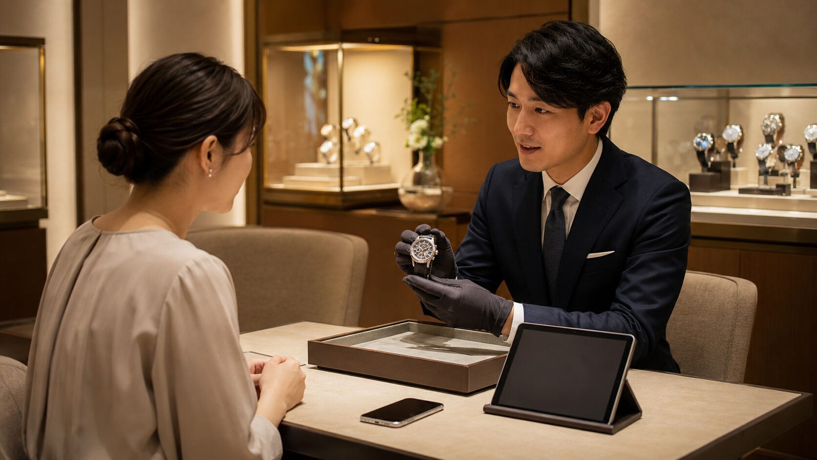 ロレックス表参道の事前来店予約で高級時計を相談する日本人客のイメージ