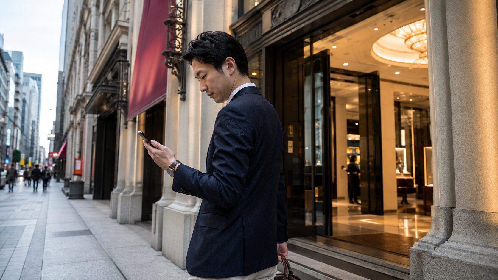 ロレックスブティック日本橋三越本店へのアクセスをスマートフォンで確認する日本人男性
