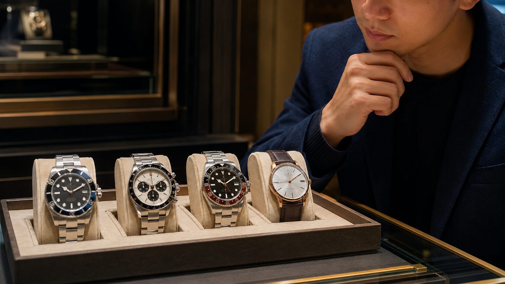 高級時計店でスポーツモデルとドレスウォッチを比較する男性