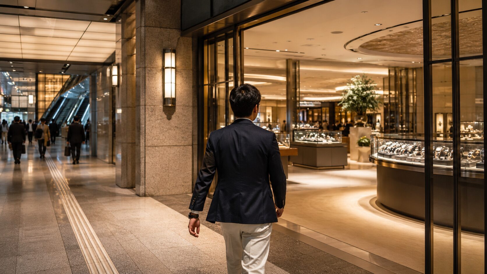 東京駅直結の百貨店内から高級時計売場へ向かう日本人男性