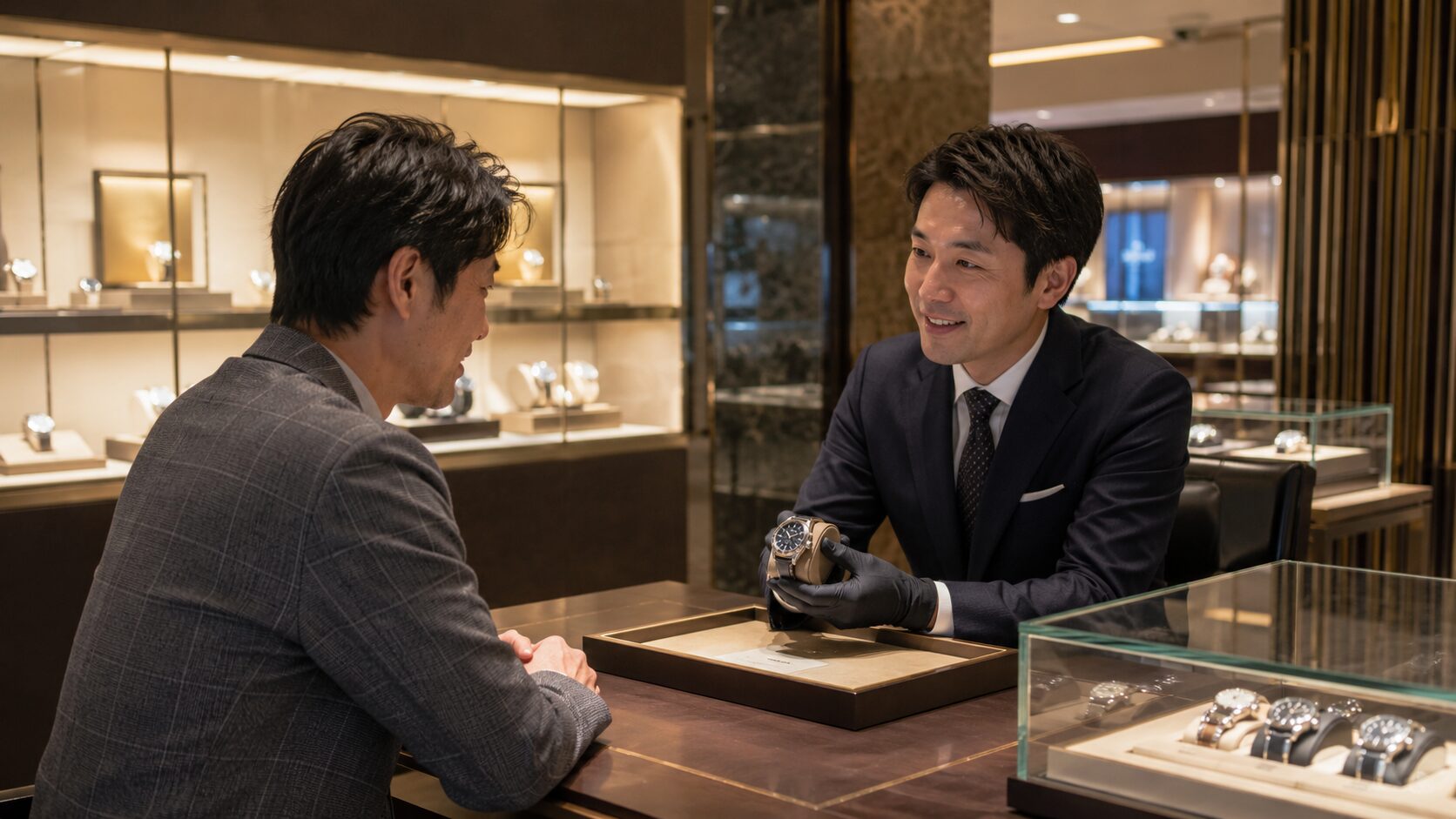 高級時計ブティックで正規店スタッフから購入相談を受ける日本人男性