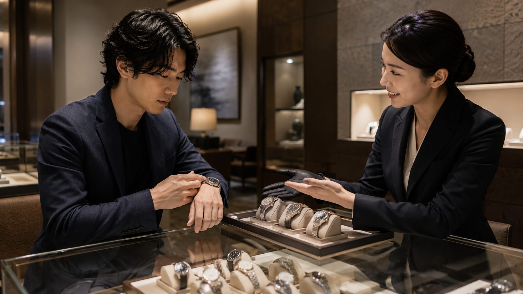 高級時計店でスタッフの説明を受けながら腕時計を試着する日本人男性