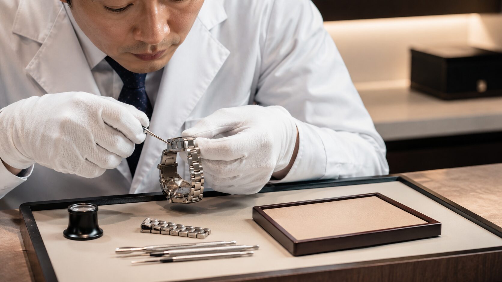 高級腕時計のブレスレットを精密工具で調整する日本人の時計技術者