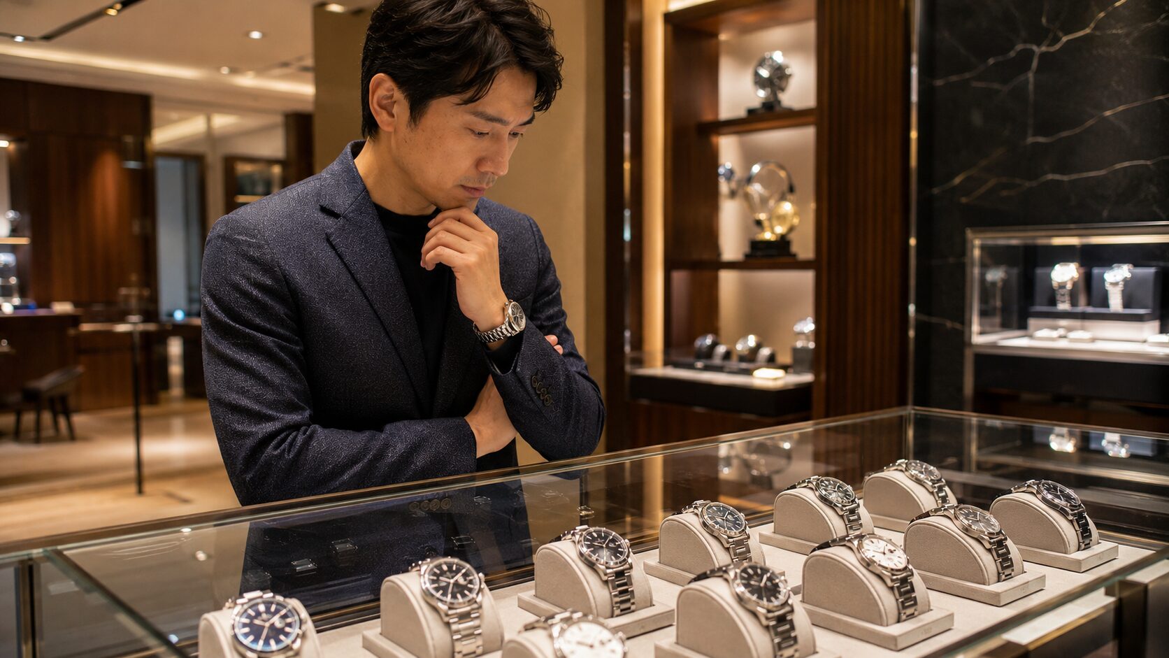 正規店で高級腕時計を比較する日本人男性