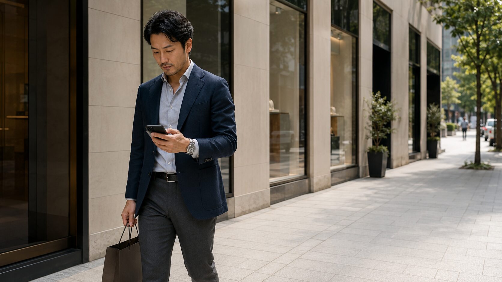 正規店を巡りながら予約情報を確認する日本人男性