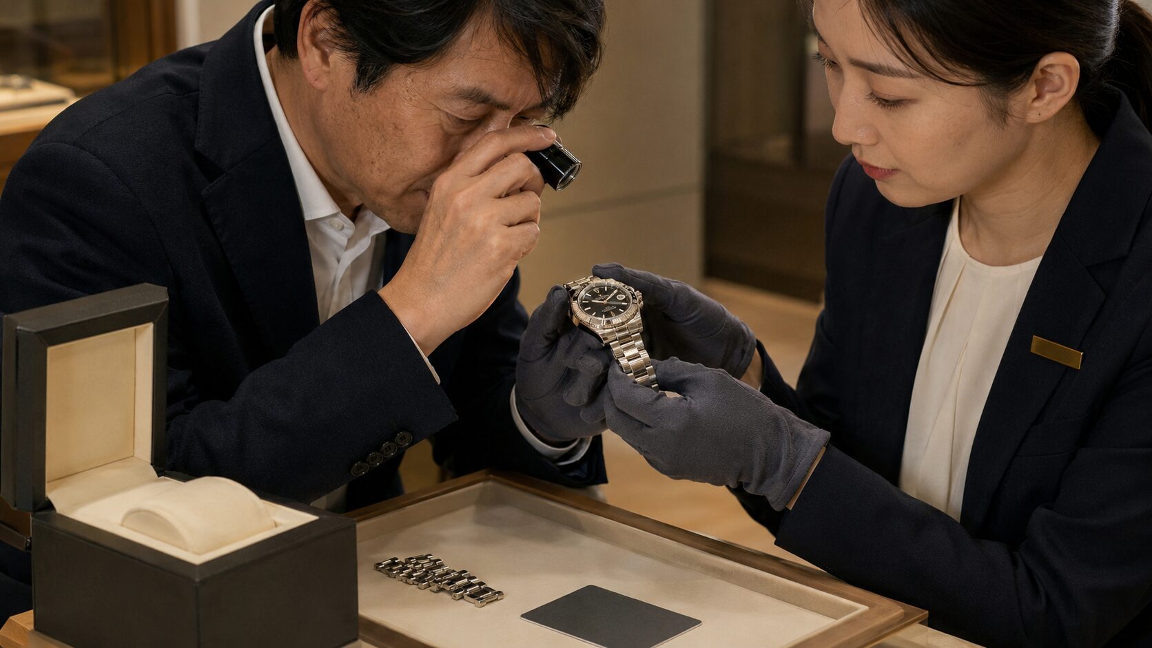 購入前に高級腕時計の傷や付属品を確認する様子