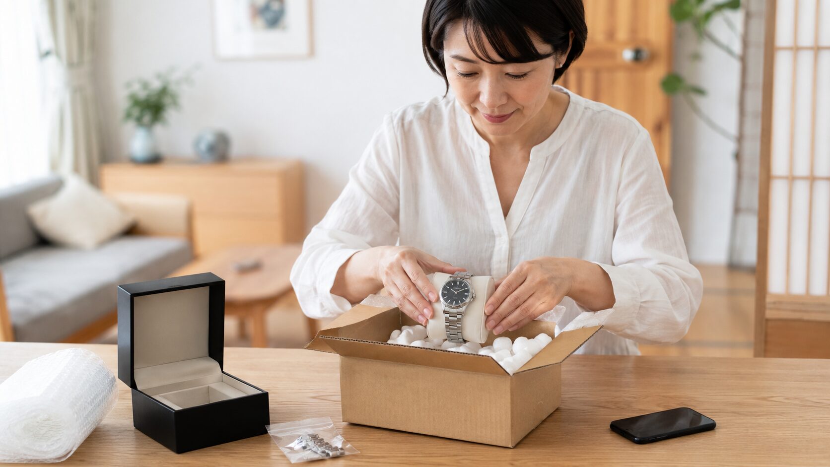 ロレックスの宅配買取に向けて腕時計を安全に梱包する日本人女性