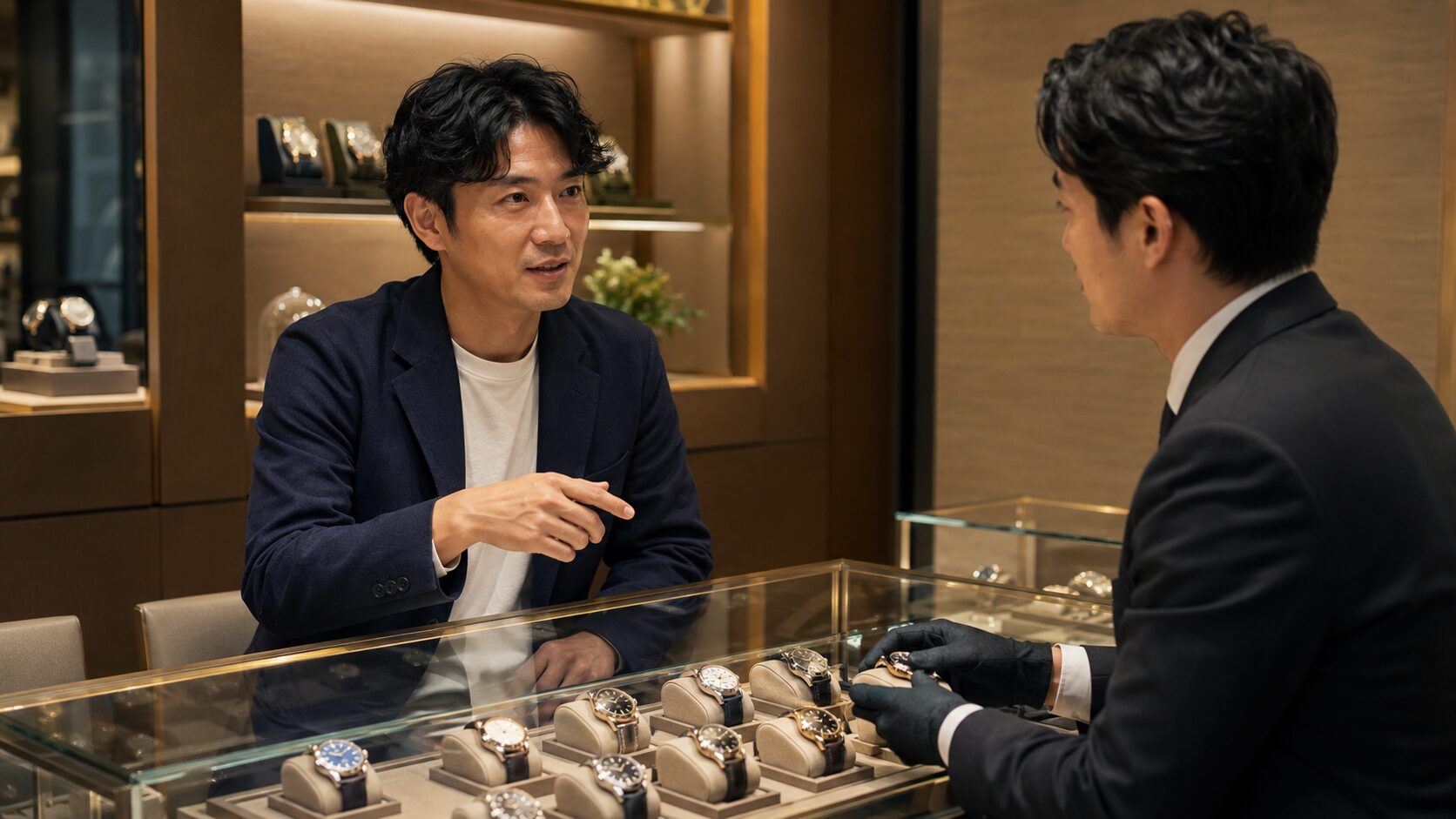 福岡の高級時計店で日本人客がスタッフに希望モデルを相談する様子