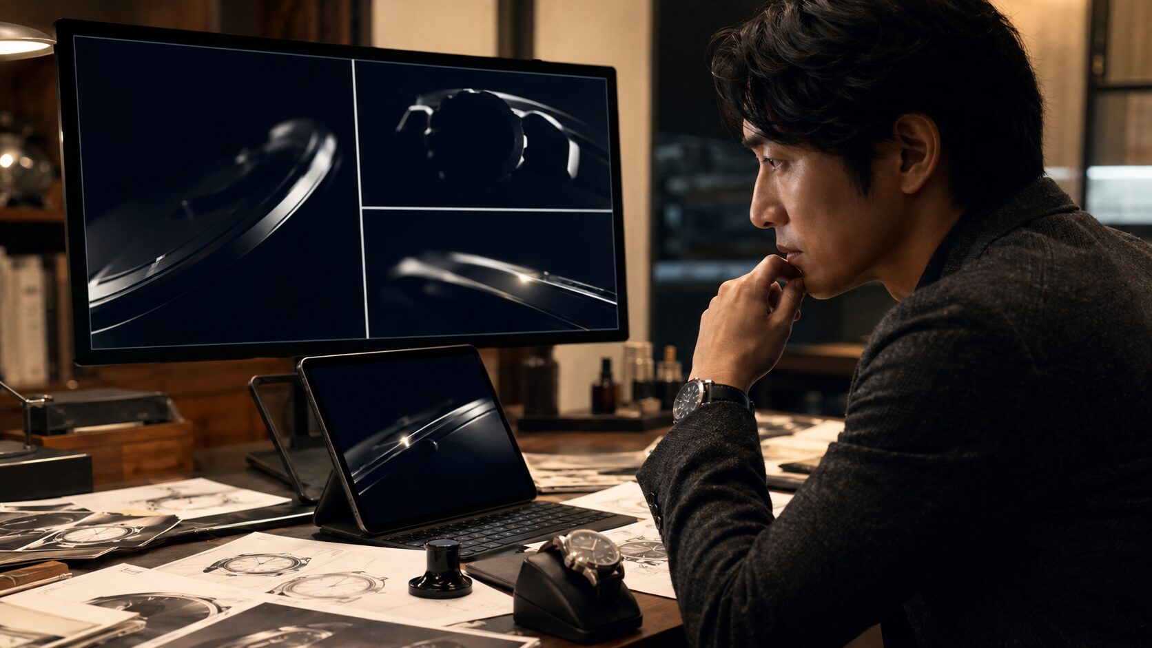 日本人編集者がロレックス新作リークのティザー映像を慎重に分析する作業風景