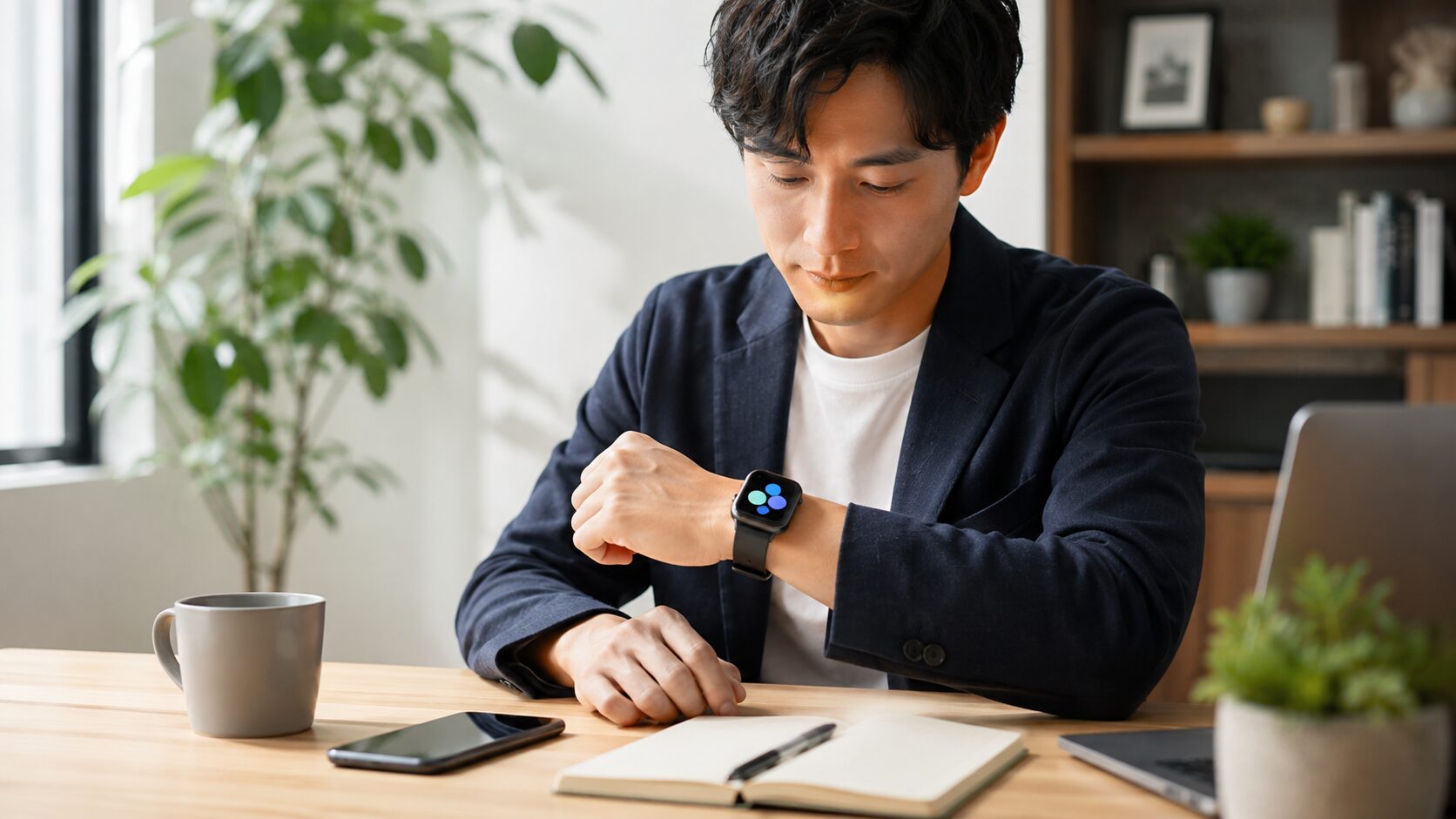 アップルウォッチでできることを確認する日本人男性とスマートウォッチのある日常