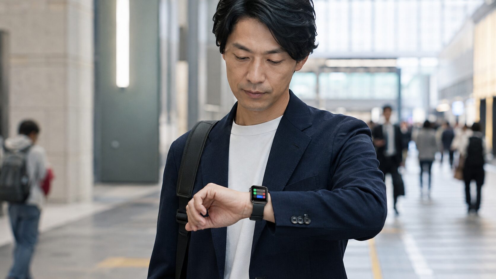 アップルウォッチで通知やメッセージを手元で確認する日本人男性