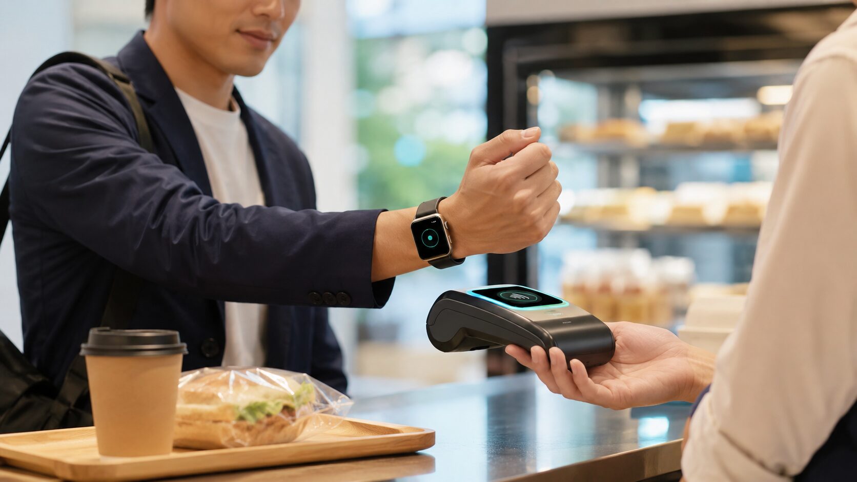 アップルウォッチでApple Payのタッチ決済をする日本人男性