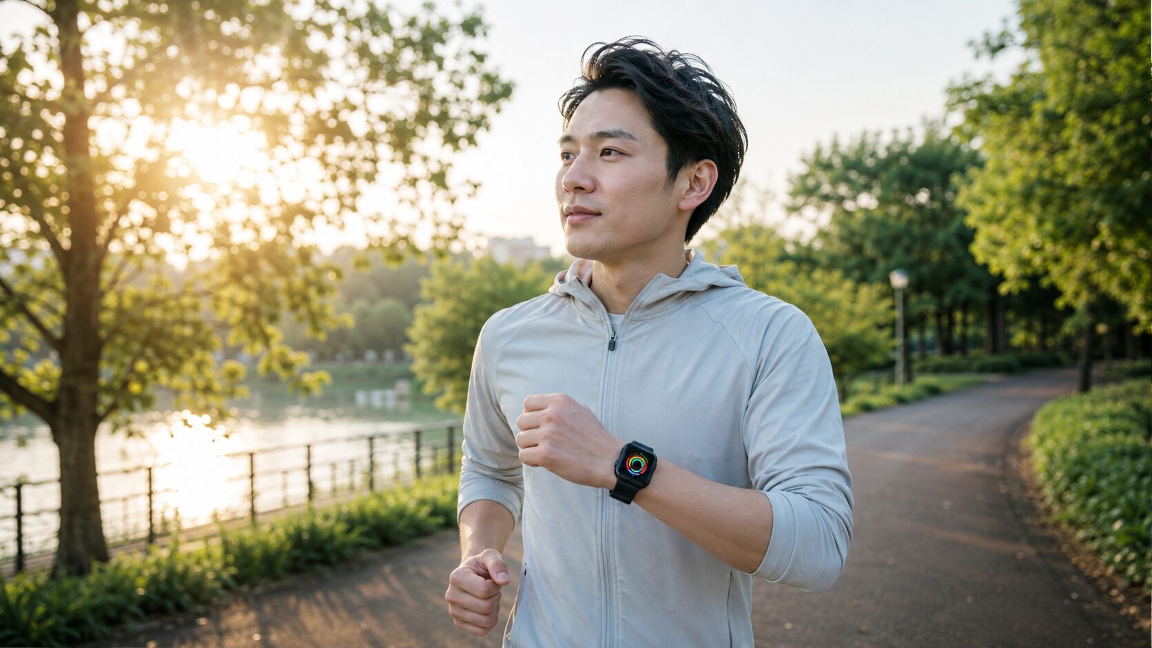 アップルウォッチで運動量やフィットネスを記録しながら走る日本人男性
