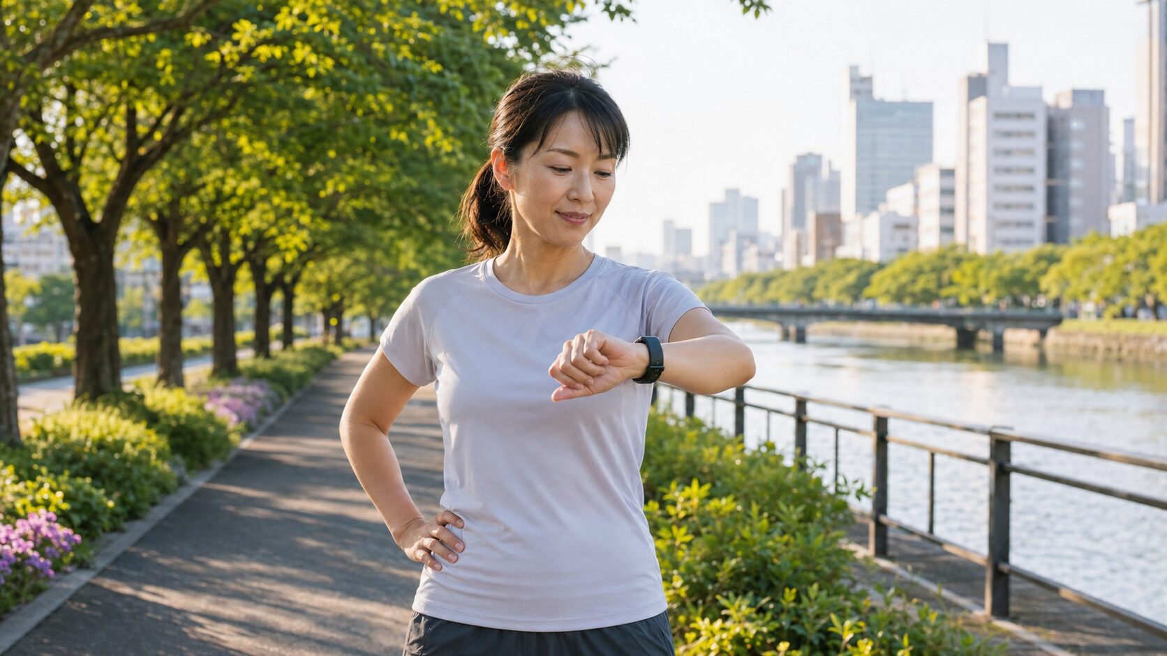 ランニング中にスマートウォッチで運動記録を確認する日本人女性
