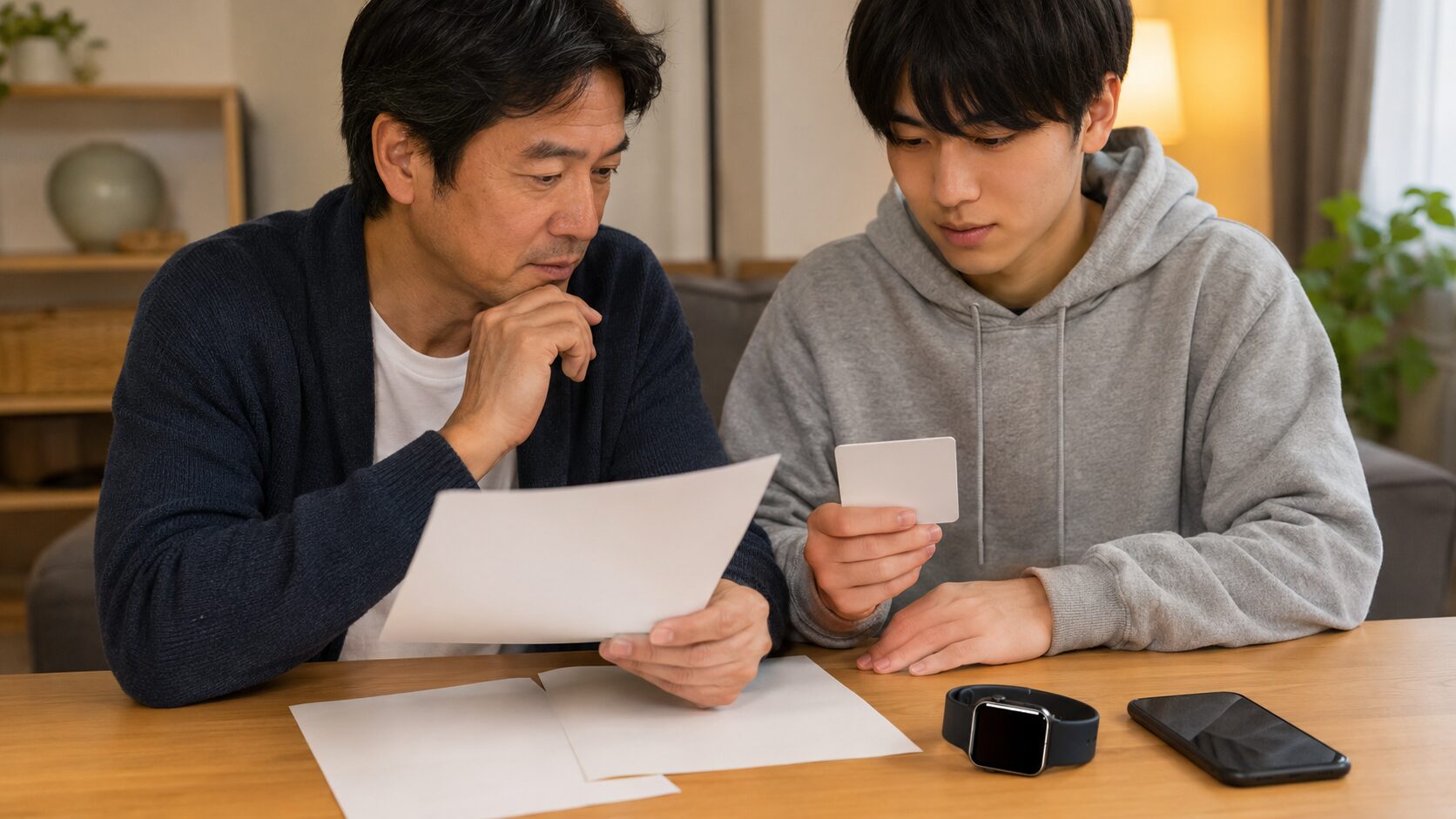 アップルウォッチの学割対象と必要書類を確認する学生と保護者