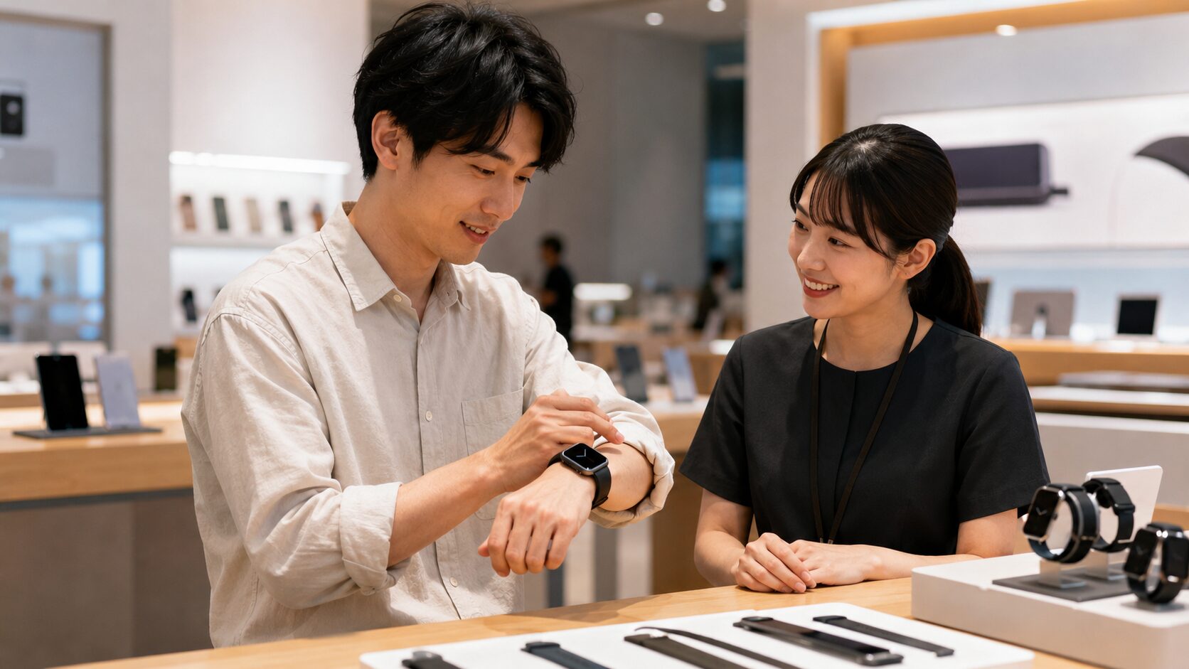 店頭でアップルウォッチのサイズと装着感を確認する日本人男性
