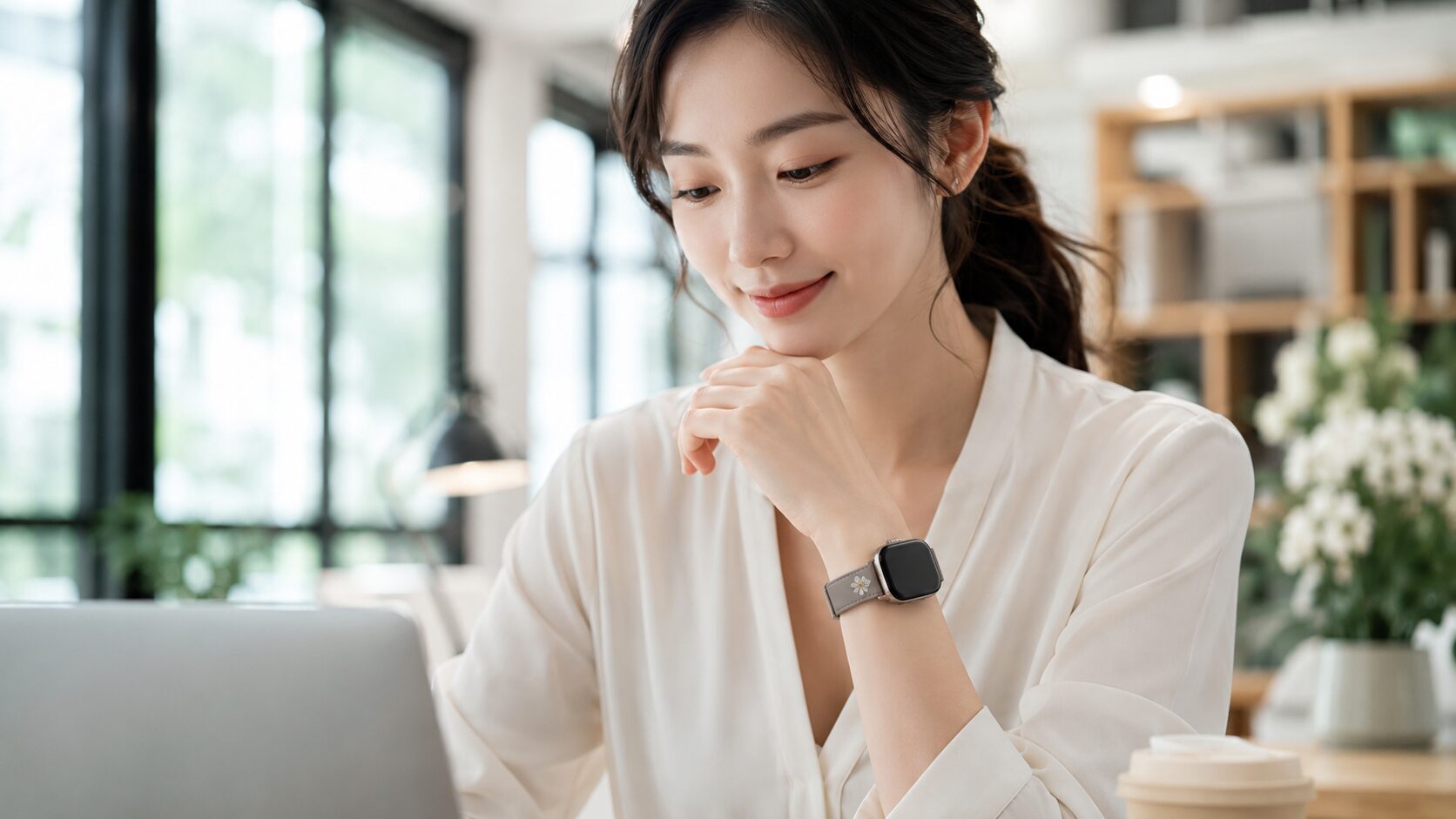 グレージュのレザーバンドを付けたスマートウォッチを仕事で使う日本人女性
