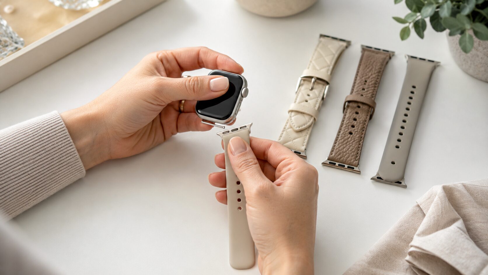 アップルウォッチ本体に交換用バンドを取り付ける手元
