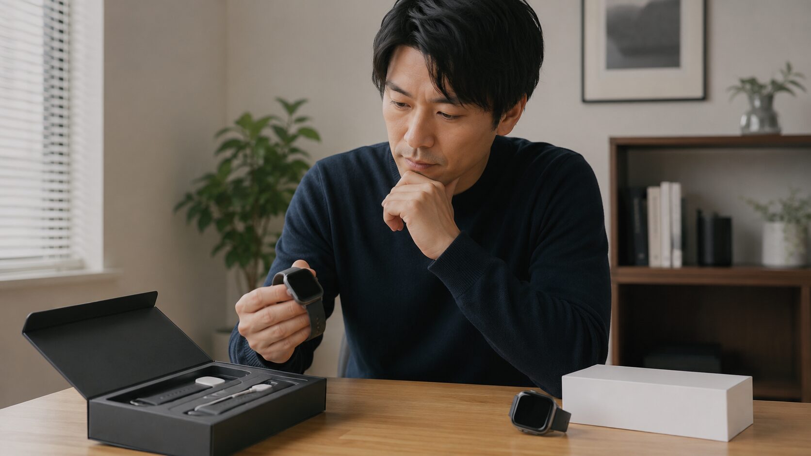 アップルウォッチ整備品と中古品を比較して購入を検討する男性