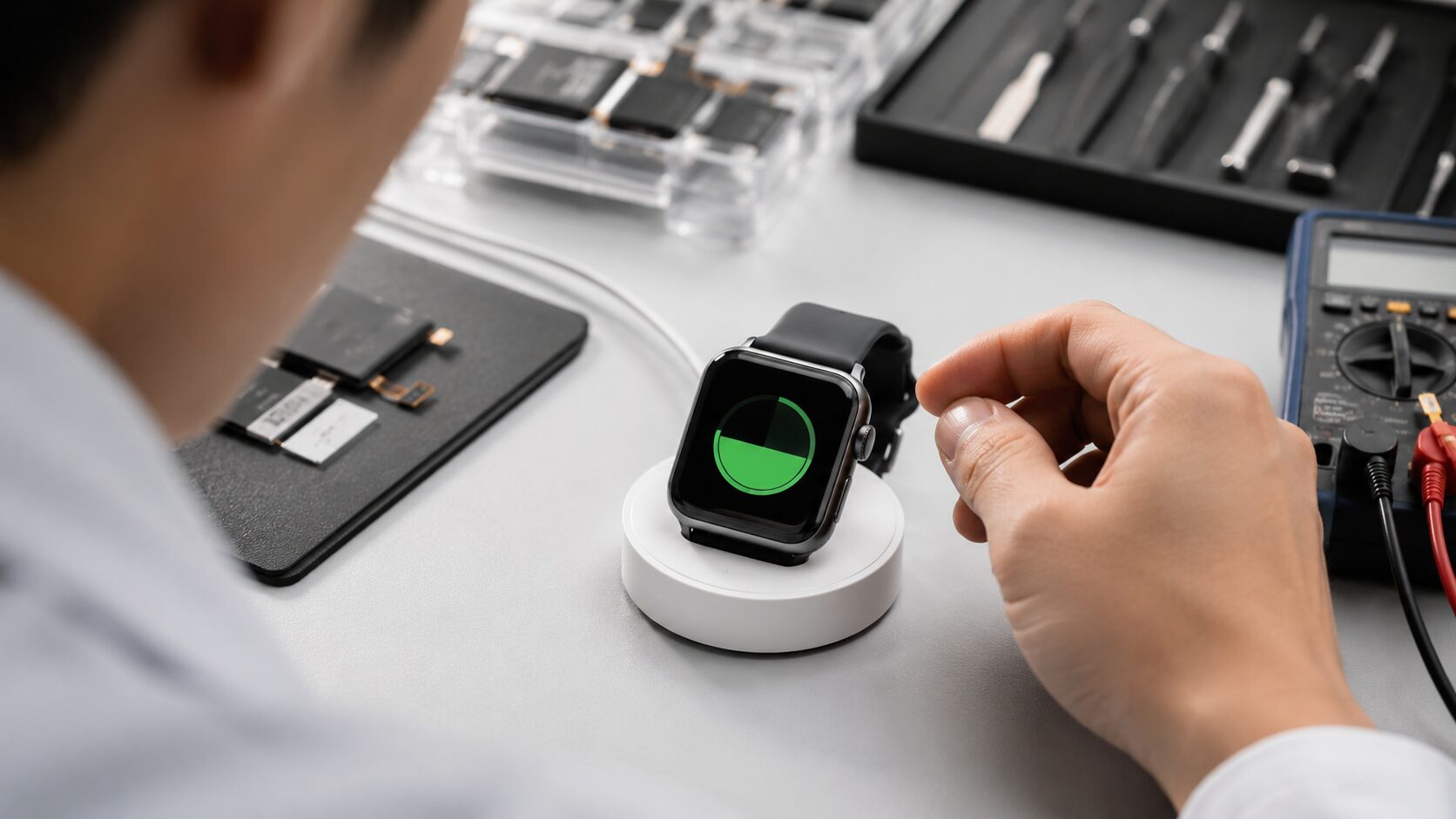 アップルウォッチ整備品のバッテリー状態を検査する技術者