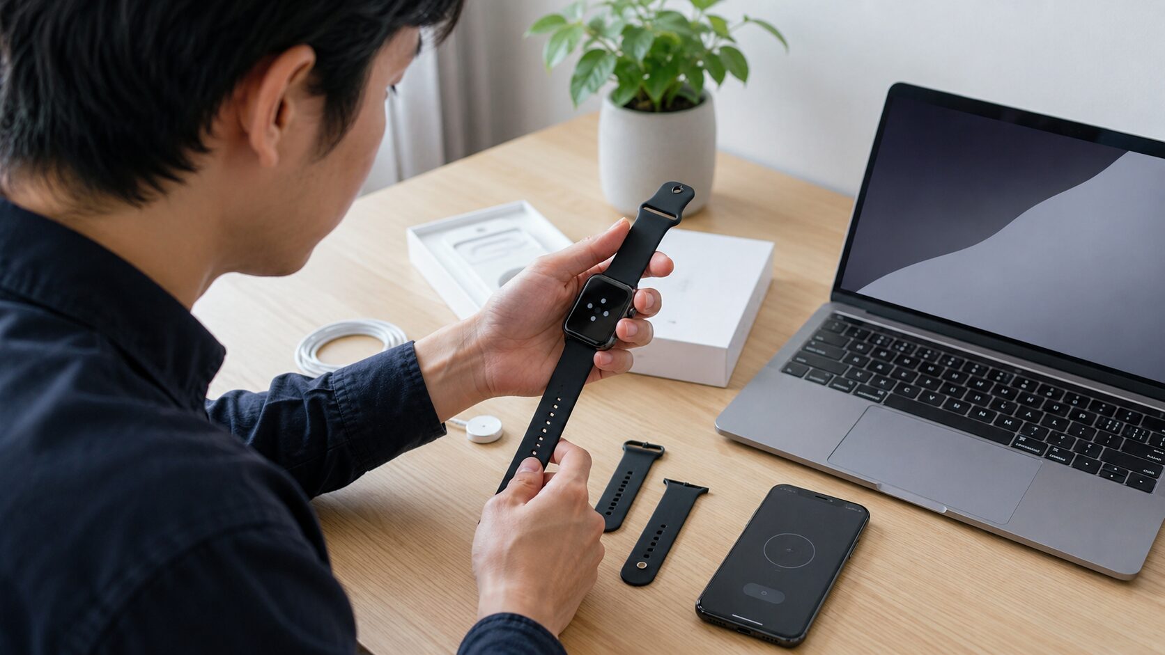アップルウォッチ整備品のペアリングと付属品を確認する男性