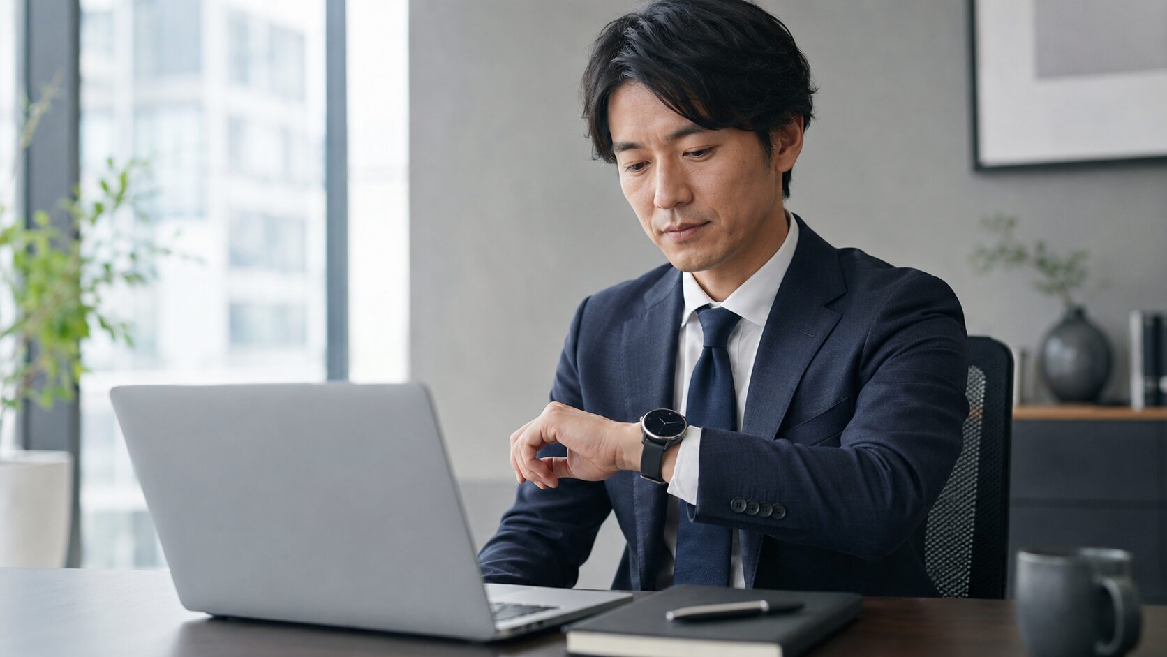 オフィスでスマートウォッチを確認する日本人男性と日常利用のイメージ