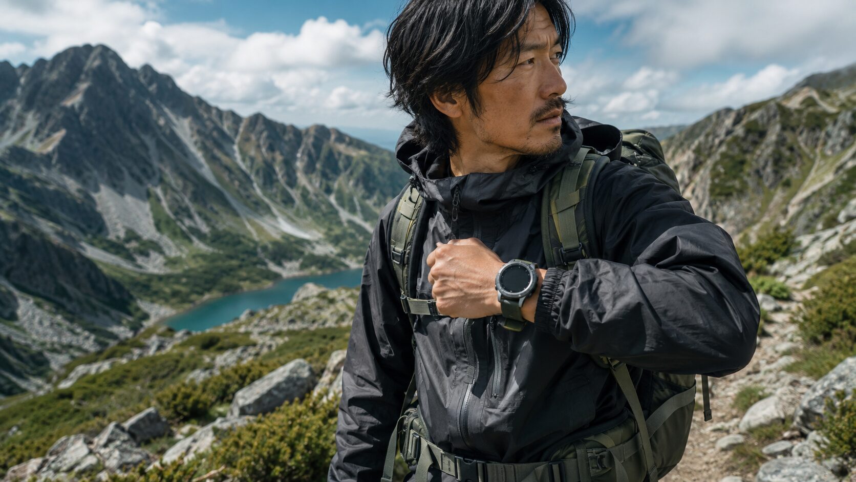 山岳地帯でアウトドア向けスマートウォッチを使う日本人登山者