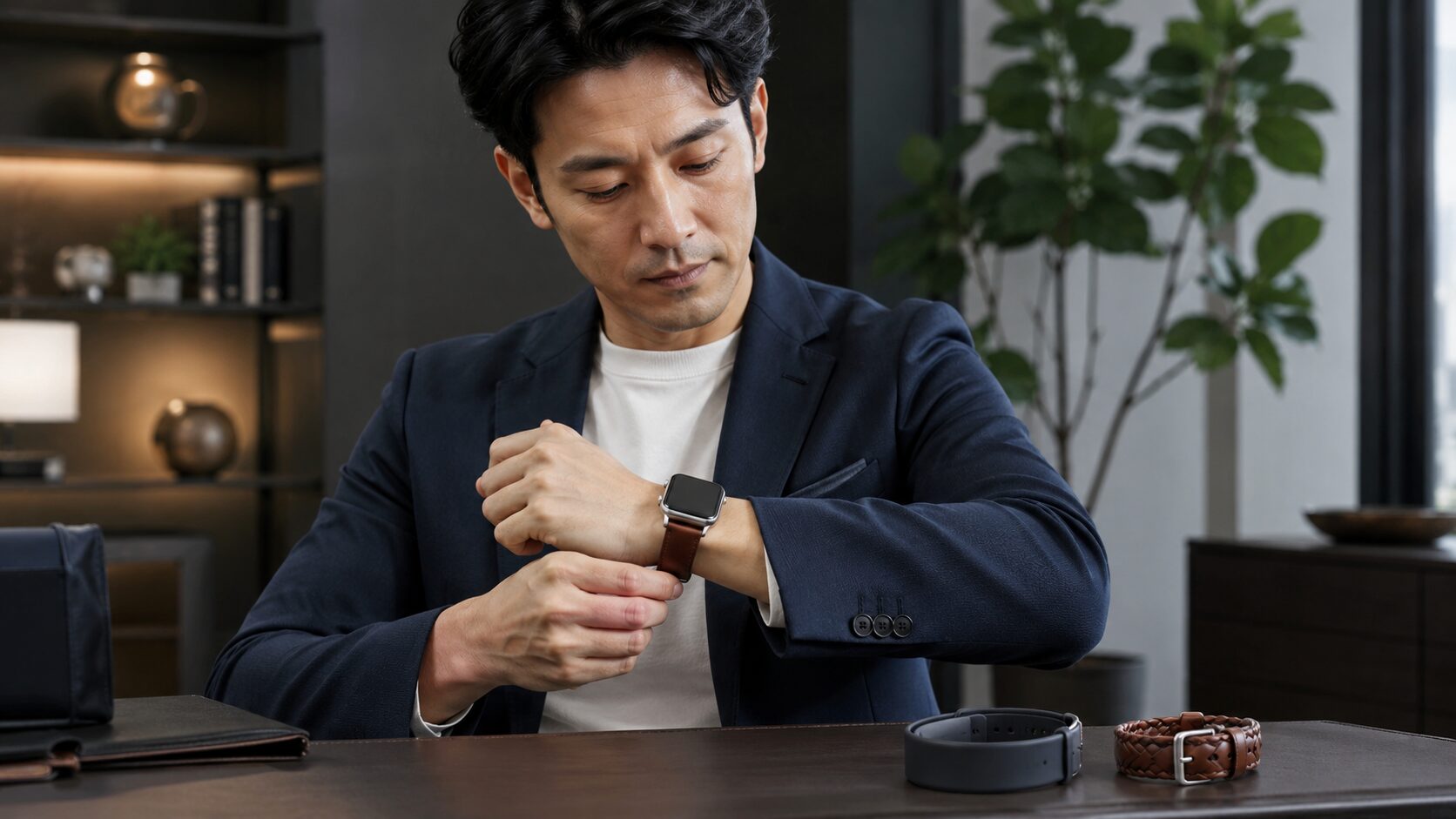 ブラウンのレザーバンドを装着する日本人男性と交換用バンド
