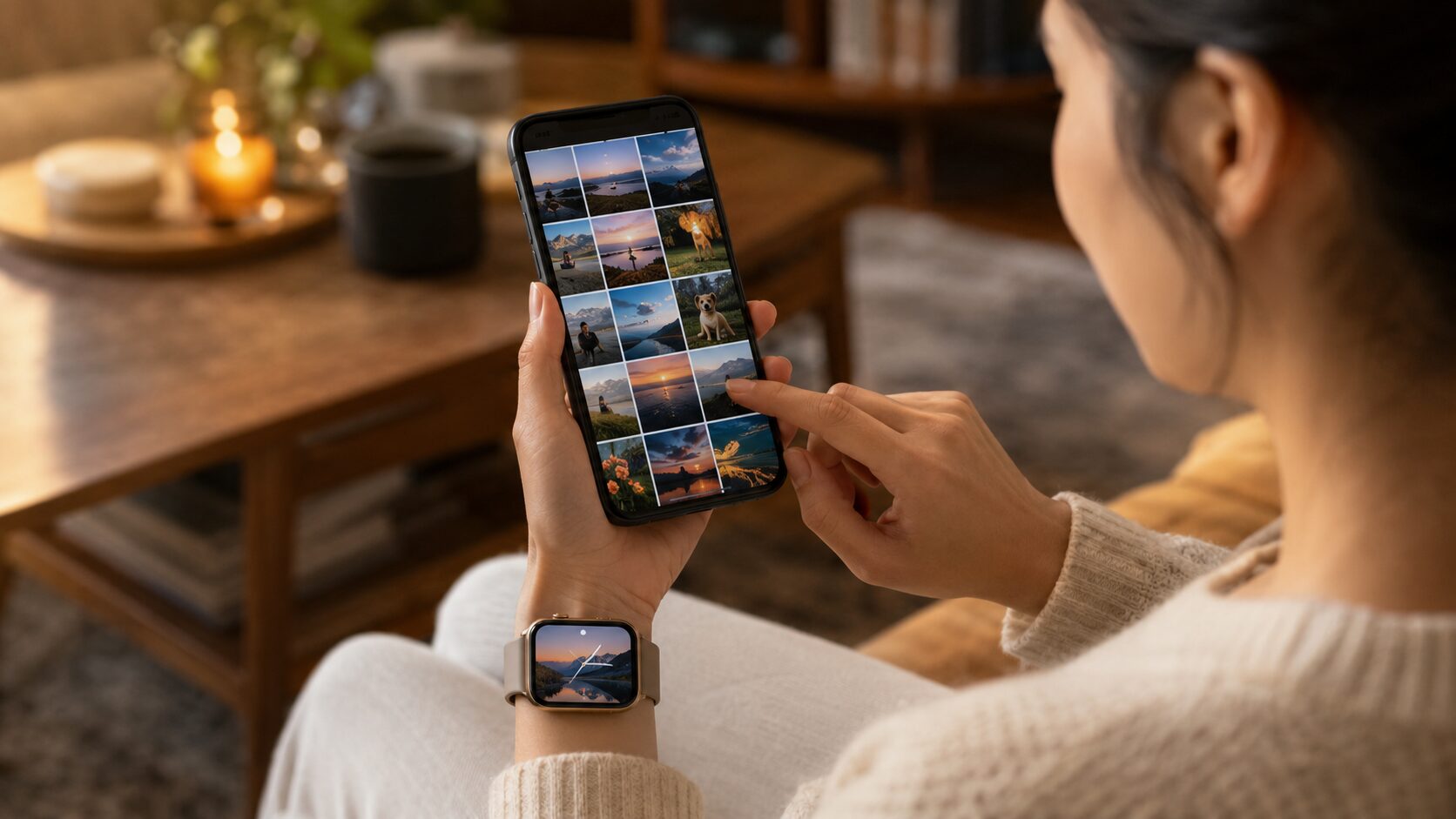 iPhoneの写真を選んでApple Watchの写真文字盤に設定する女性