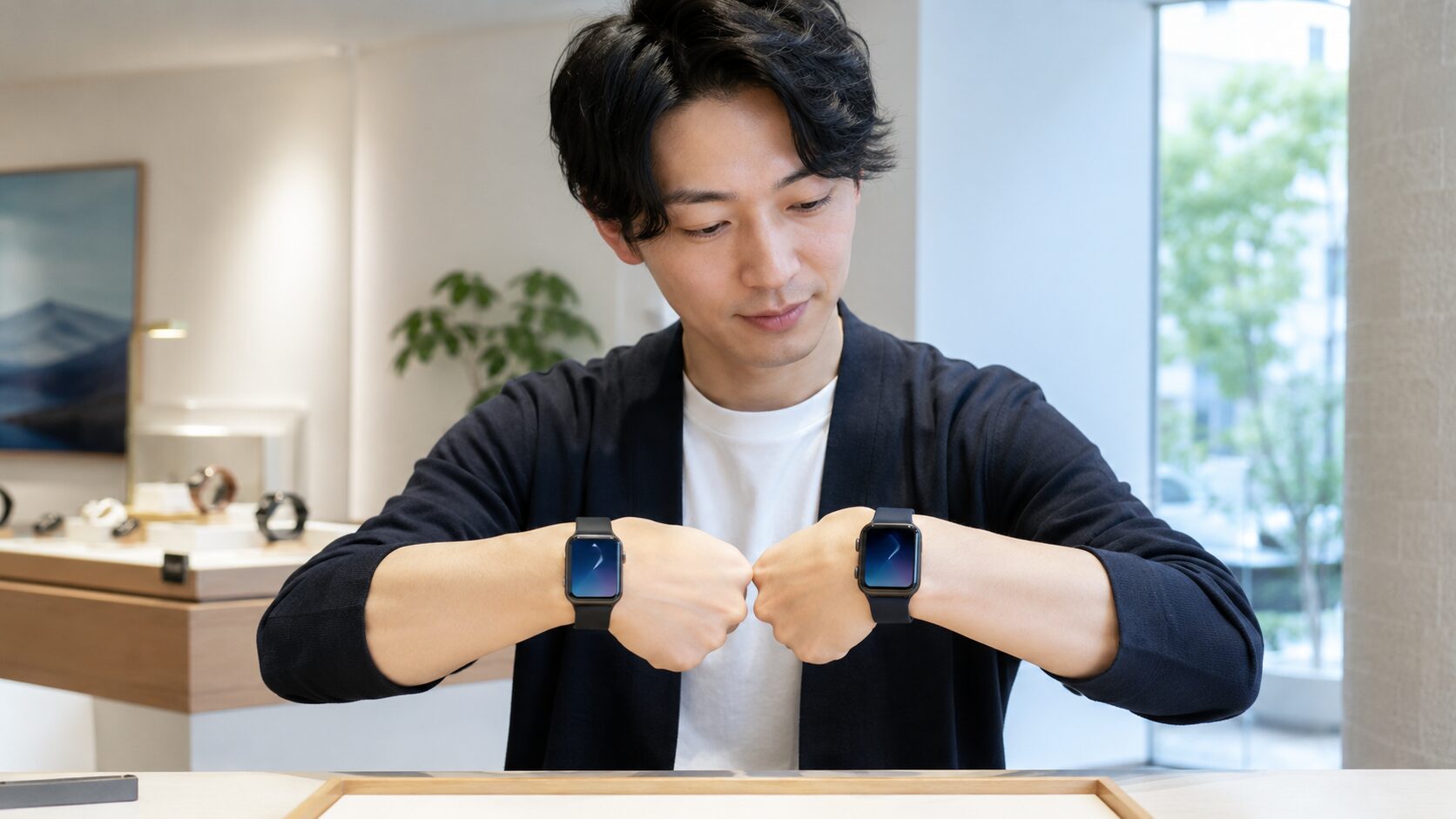 アップルウォッチ11の42mmと46mmの装着感を比較する日本人男性