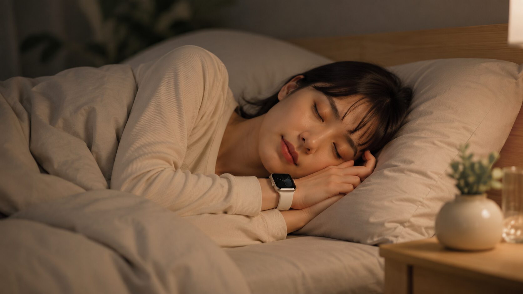 アップルウォッチSE3を装着して睡眠記録を行う日本人女性