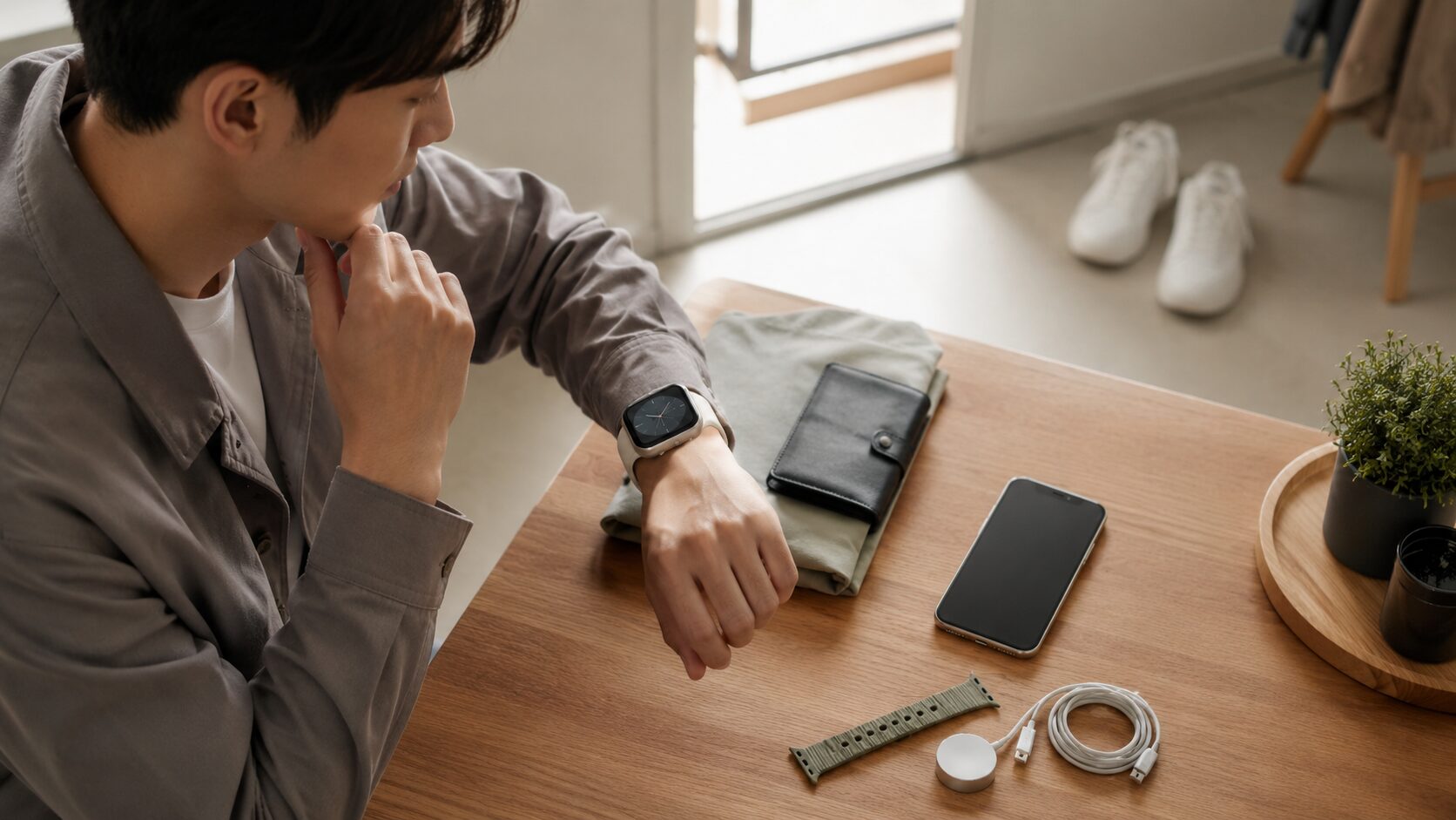 アップルウォッチSE3のGPSとセルラー、バンドや充電環境を検討する日本人男性
