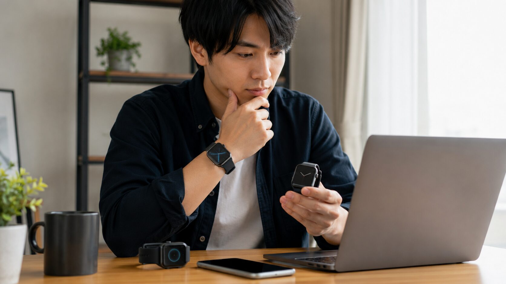 複数のスマートウォッチを比較しながら購入を検討する日本人男性