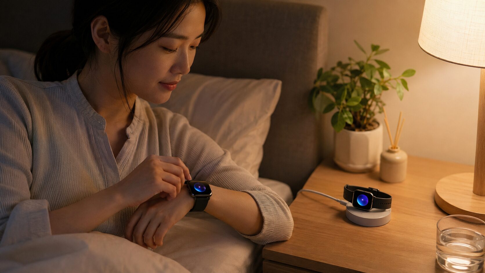就寝前にスマートウォッチで睡眠記録を確認する日本人女性と充電器