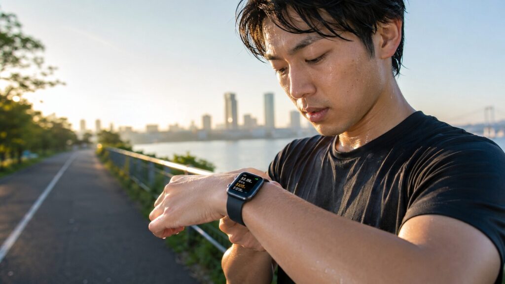 ランニング中にアップルウォッチで運動データを確認する日本人男性