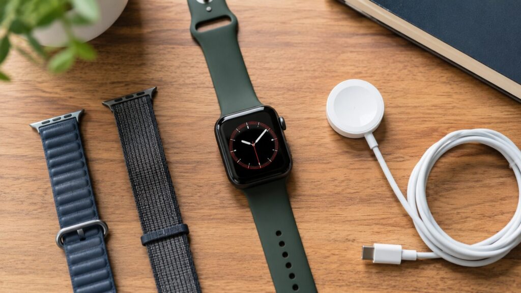 木製デスクに並べられたアップルウォッチと交換用バンド、磁気充電器
