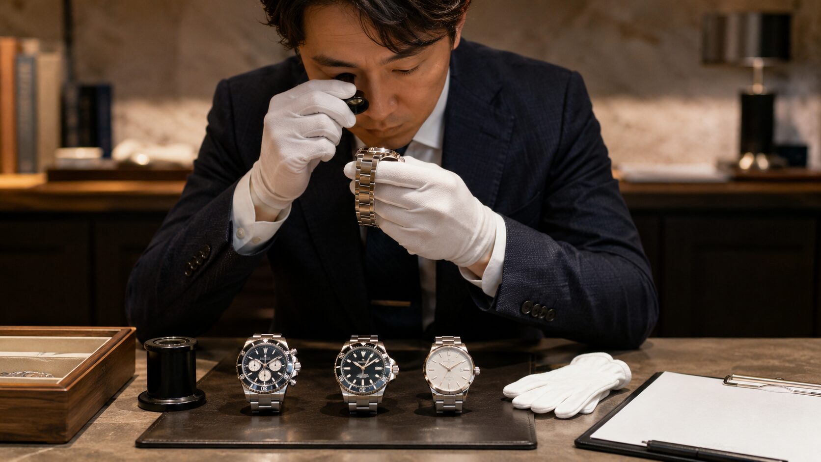 査定士が複数の高級腕時計の状態と買取価値を確認する様子