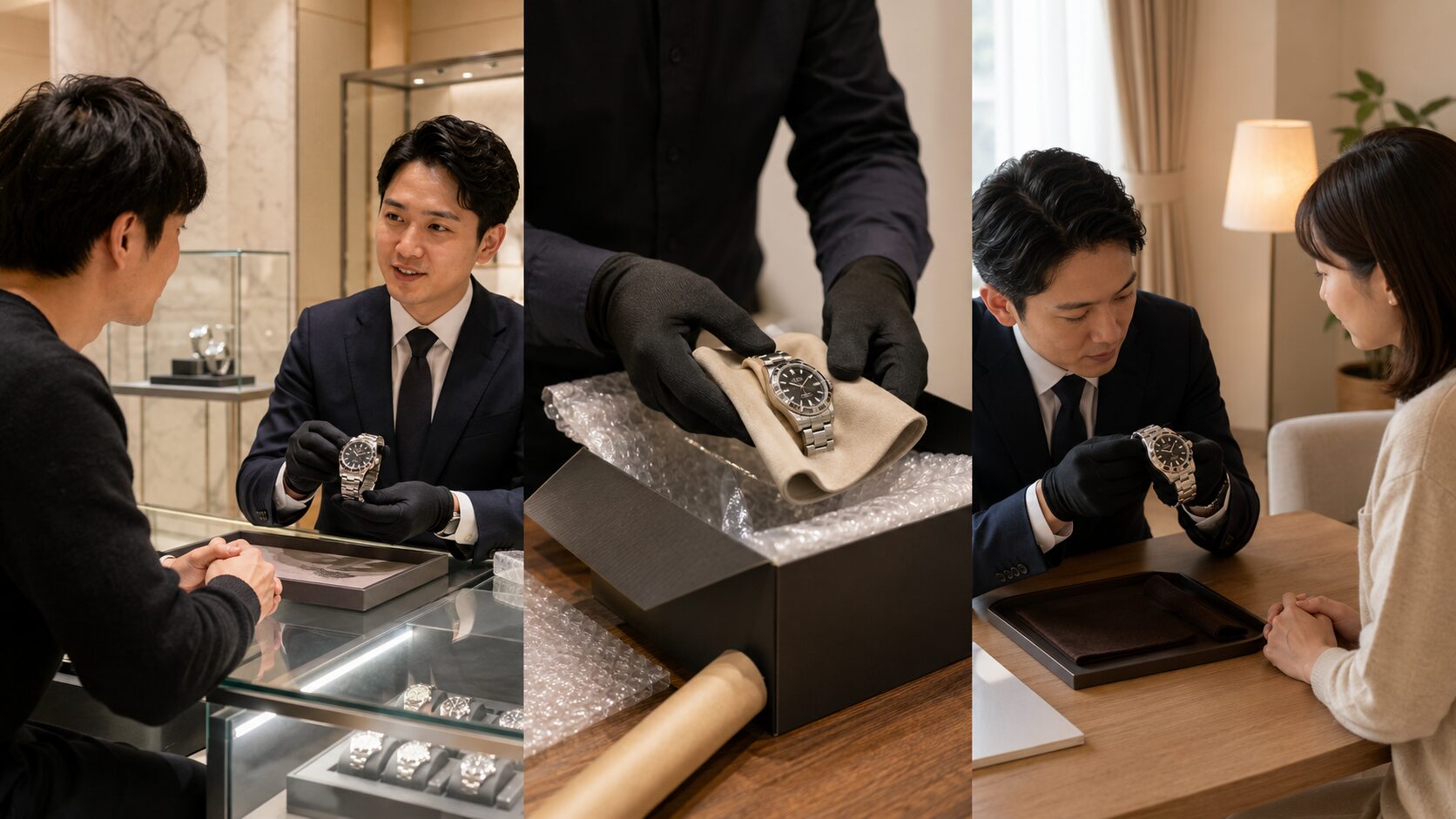 高級腕時計の店頭買取・宅配買取・出張買取を比較するイメージ