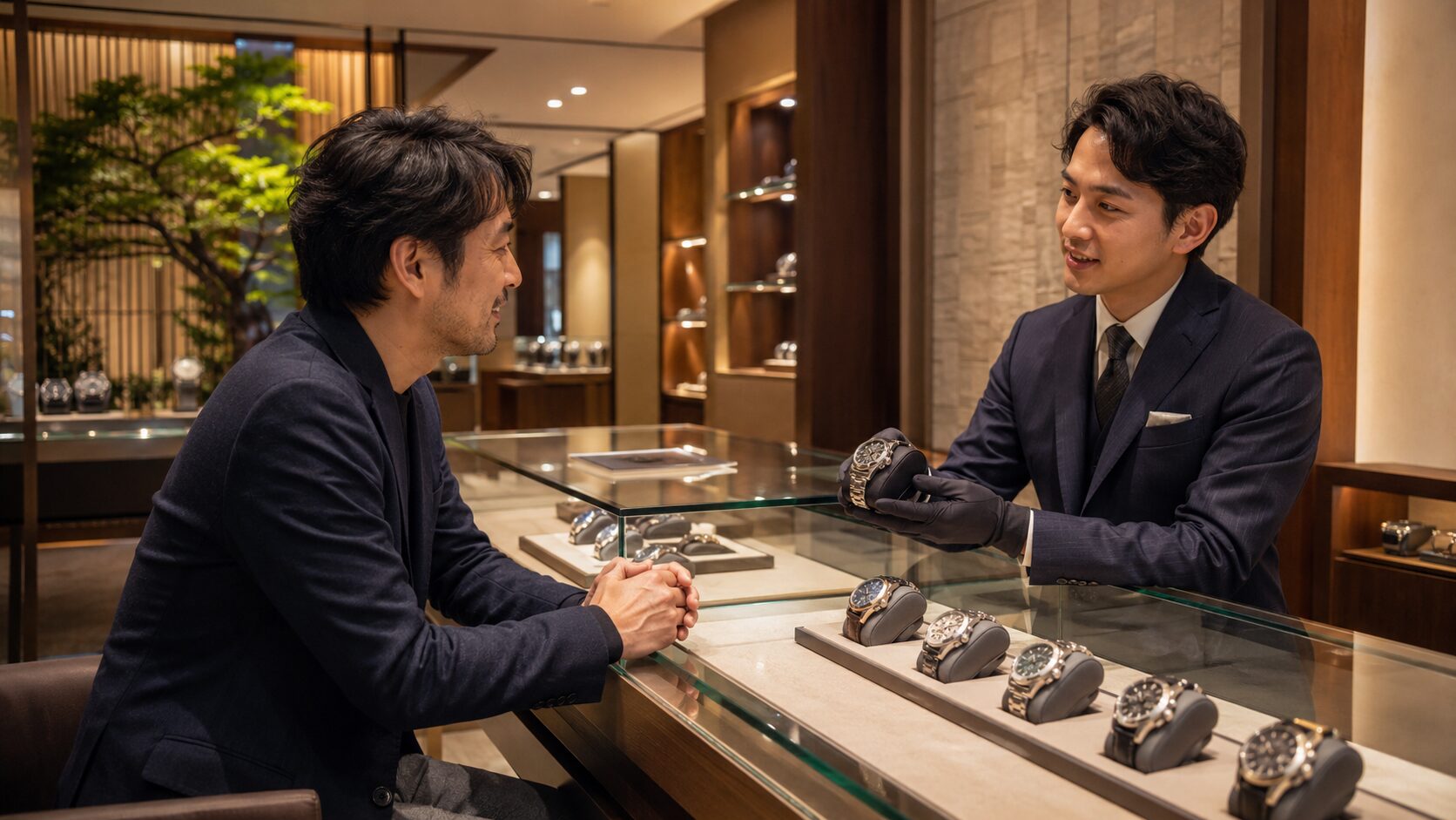 ロレックスブティックそごう横浜の接客をイメージした高級腕時計店で相談する日本人男性