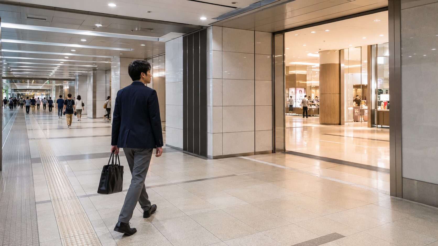 横浜駅東口からそごう横浜店へ向かう地下通路を歩く日本人男性