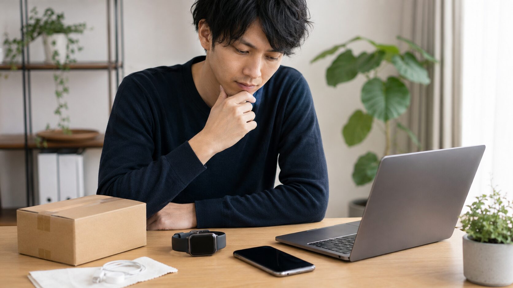 アップルウォッチの買取先を自宅で比較する日本人男性