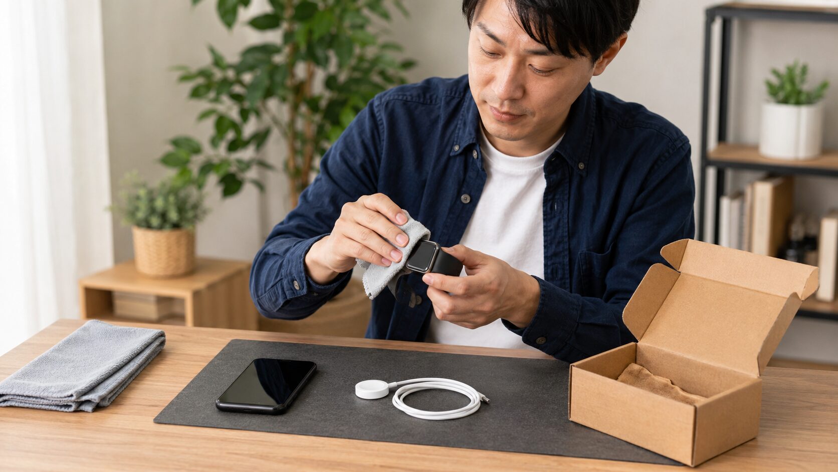 アップルウォッチを清掃して宅配買取の準備をする日本人男性