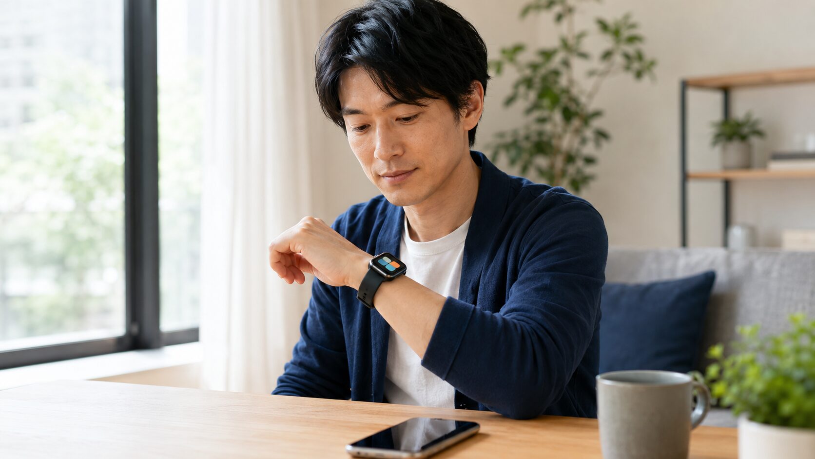 自宅でアップルウォッチの便利な機能を確認する日本人男性