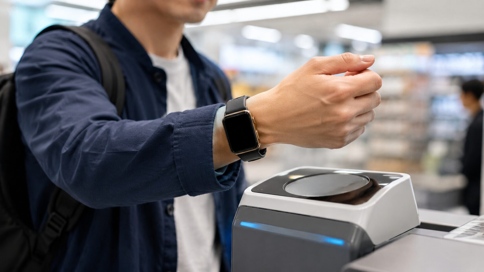 アップルウォッチを決済端末にかざして支払う日本人男性