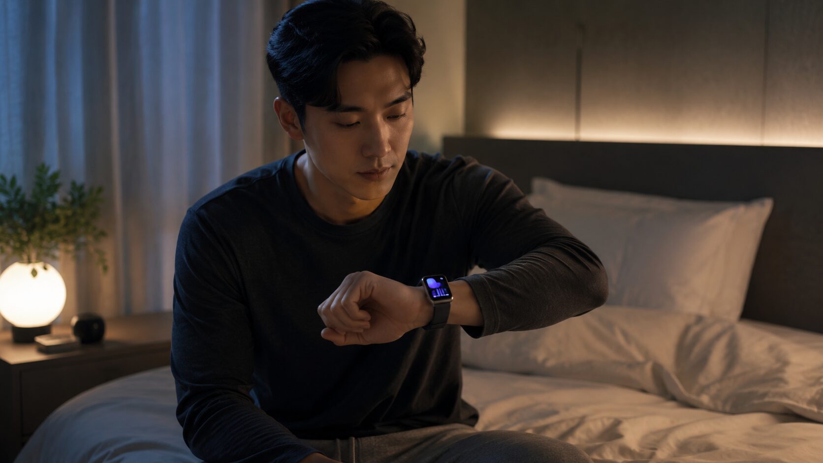 寝室でアップルウォッチの睡眠記録を確認する日本人男性
