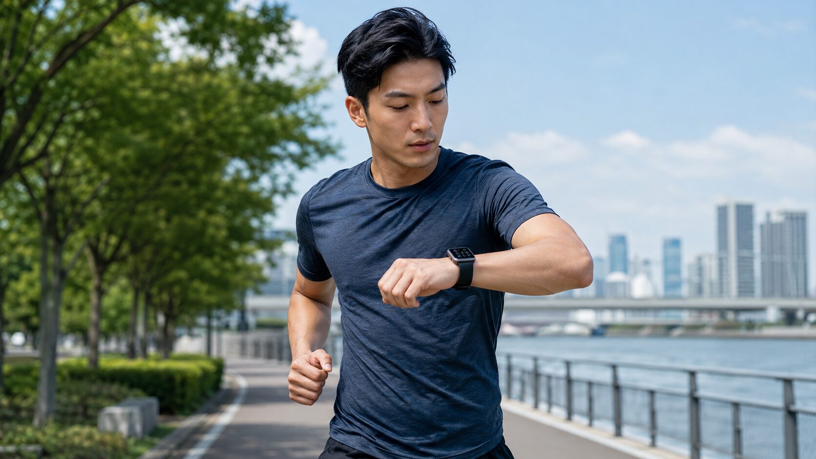 アップルウォッチでランニングデータを確認する日本人男性