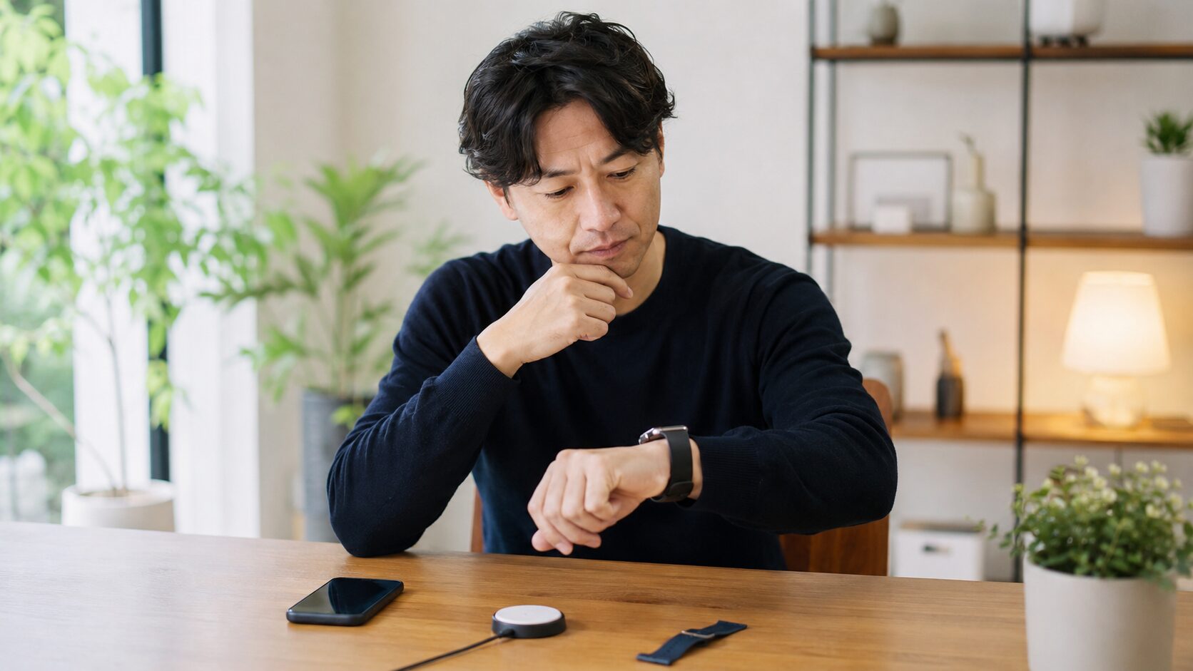 アップルウォッチの寿命や買い替え時期を考えながら腕時計を確認する日本人男性