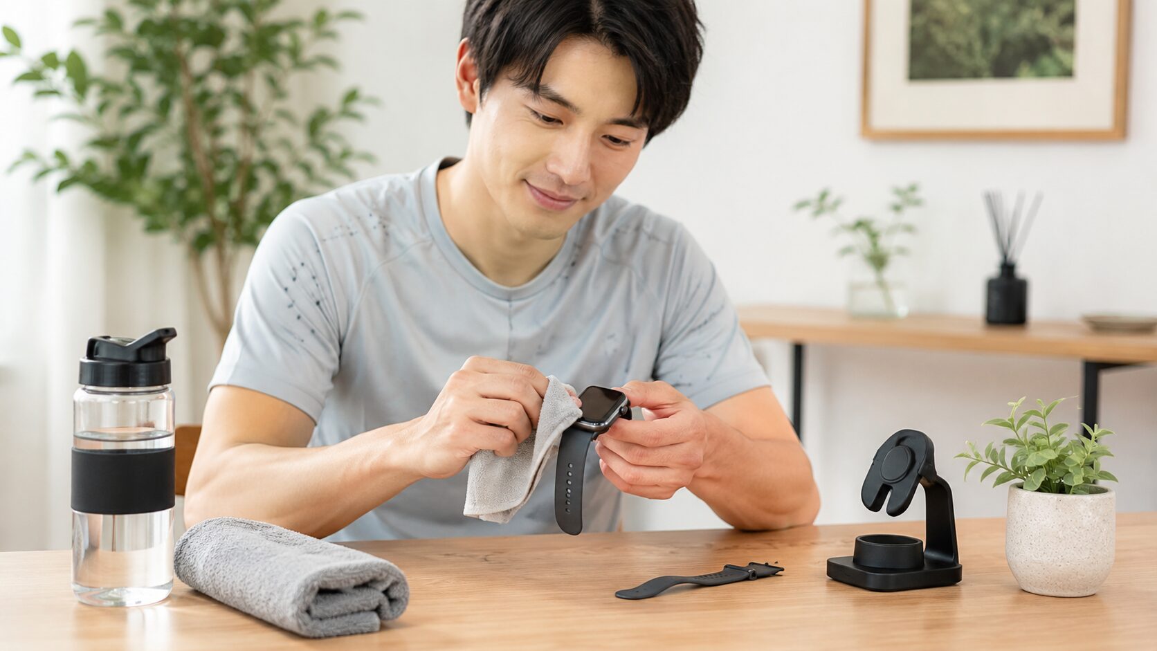 アップルウォッチの寿命を延ばすために運動後に本体を清掃する日本人男性